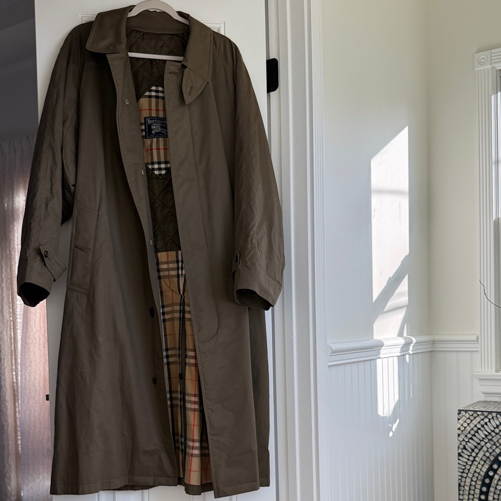 Vintage Burberry Olive Trench Coat with Plaid Interior